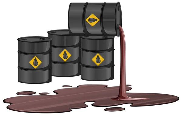 Barriles Petróleo Negro Con Crudo Signo Derrame Petróleo Suelo Aislado — Vector de stock