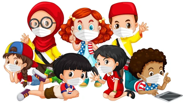 Çok Kültürlü Çocuklar Maske Takıyor — Stok Vektör