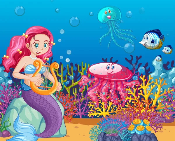 Set Von Meerestieren Und Meerjungfrau Cartoon Stil Auf Meer Hintergrund — Stockvektor