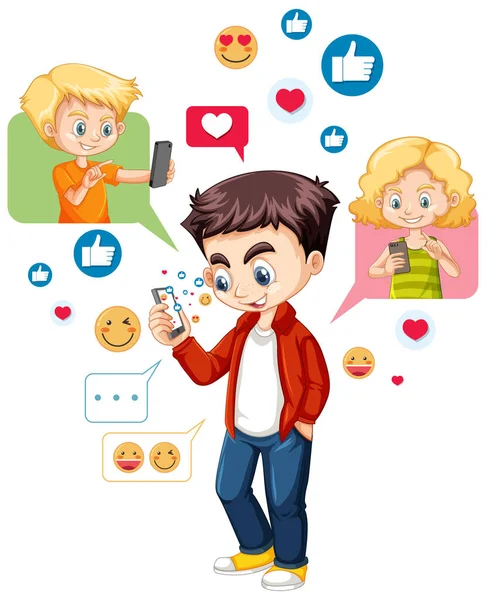 Jongen Met Behulp Van Smart Phone Met Social Media Icon — Stockvector