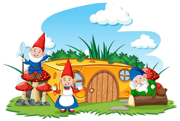 Gnomes Kaas Huis Tuin Cartoon Stijl Lucht Achtergrond Illustratie — Stockvector