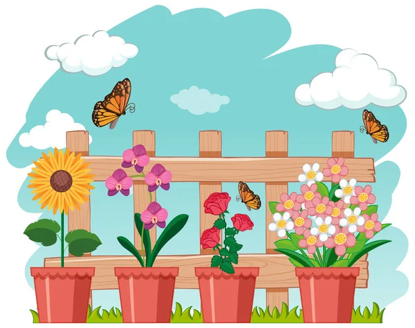 Κήπος Σκηνή Όμορφα Λουλούδια Και Πεταλούδες Απεικόνιση — Διανυσματικό Αρχείο