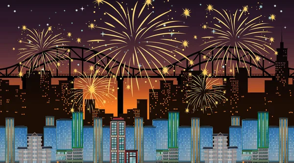 Cityscape Celebration Fireworks Scene Illustration — Stock Vector