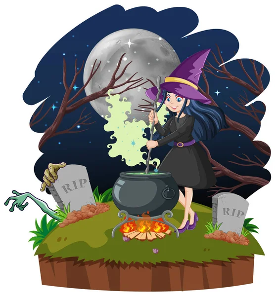 黑森林背景插图黑魔法壶卡通画风格女巫 — 图库矢量图片
