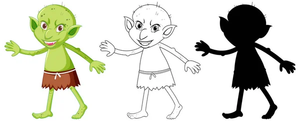 白の背景イラスト上の漫画のキャラクターの色と輪郭とシルエットでゴブリンやトロール — ストックベクタ