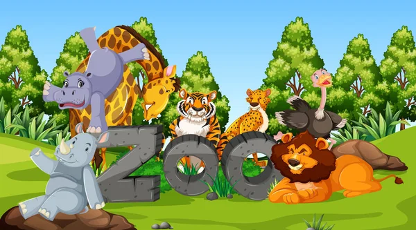 Zoo animals in the wild nature background illustration