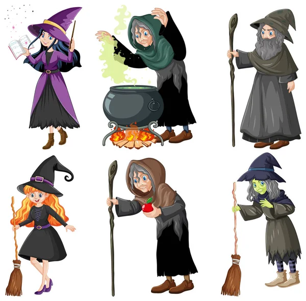一组巫师或女巫与魔法工具卡通风格隔离的白色背景插图 — 图库矢量图片