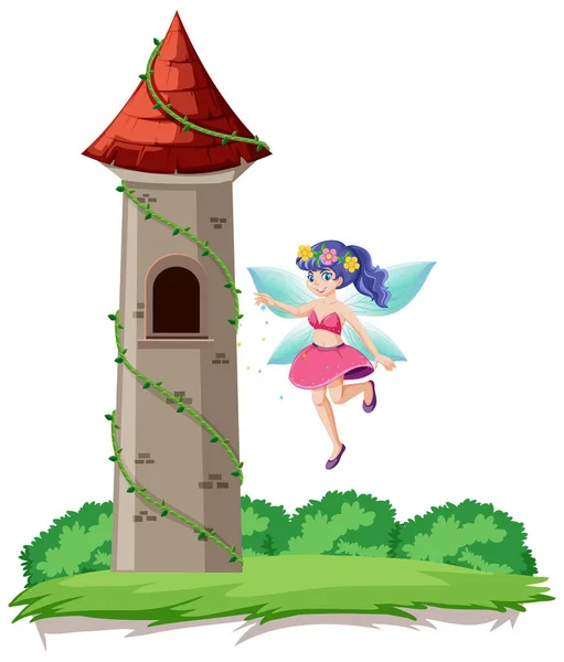Fairy Tale Castle Tower Cartoon Style Rainbow Sky Background Illustration - Stok Vektor