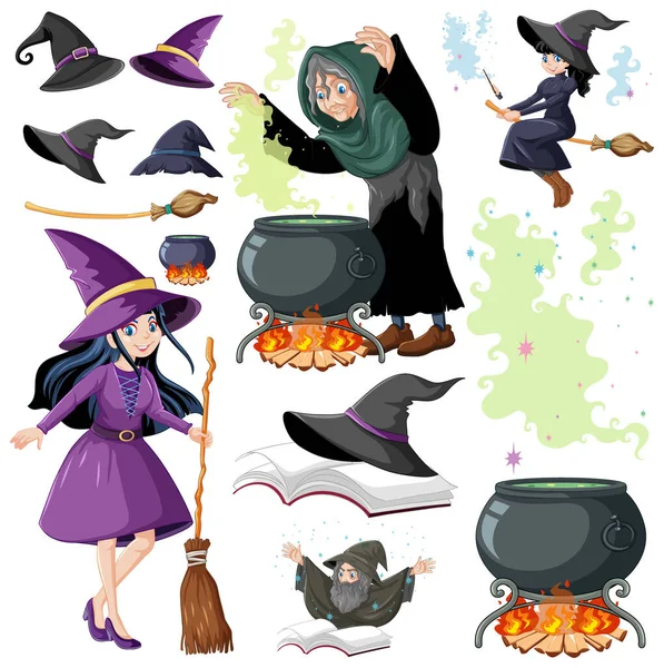 Set Wizard Witches Magic Tools Cartoon Style Isolated White Background — Stock Vector