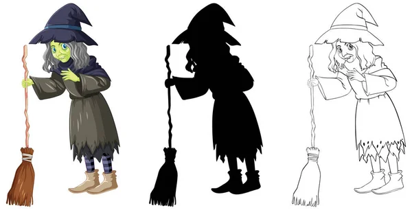 Witch Broomstick Color Outline Silhouette Cartoon Character Isolated White Background — Stock Vector