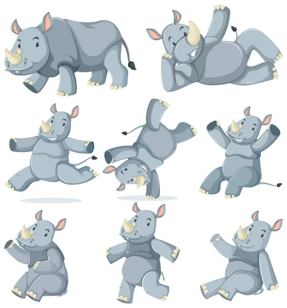 Set Von Nashorn Zeichentrickfigur Illustration — Stockvektor
