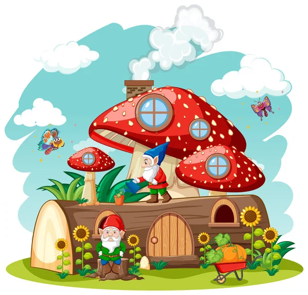 Gnomi Casa Funghi Legno Stile Cartone Animato Giardino Sfondo Illustrazione — Vettoriale Stock