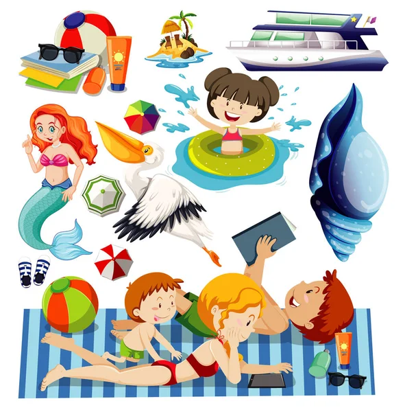 Conjunto Icono Playa Verano Estilo Dibujos Animados Sirena Sobre Fondo — Vector de stock