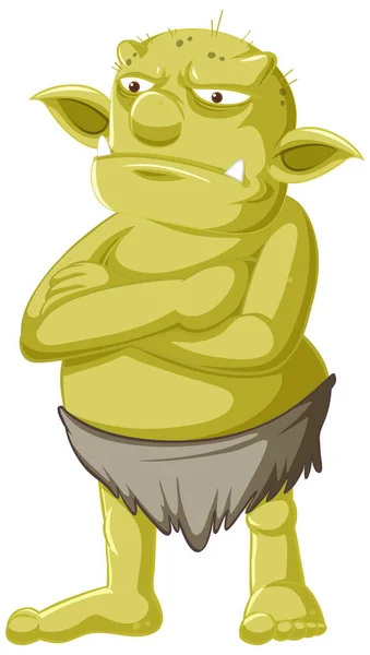 Duende Verde Troll Pie Pose Con Cara Ira Ilustración Aislada — Vector de stock
