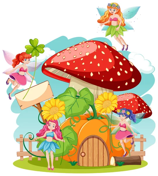 Fairy Tales Holiding Flower Mushroom House Cartoon Style White Background — Stock Vector