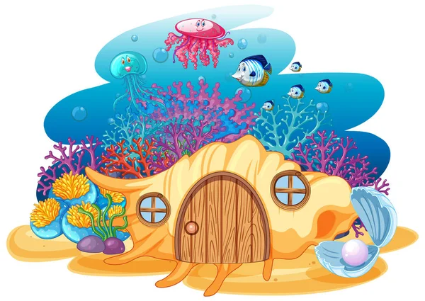 Maison Coquille Sealife Dans Style Dessin Animé Sous Marin Sur — Image vectorielle