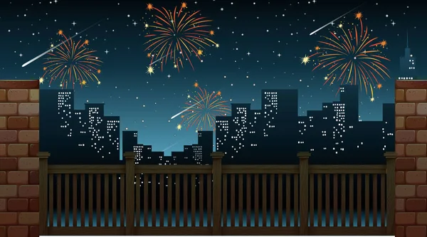 Stadtbild Mit Festfeuerwerk Blick Von Der Brücke Illustration — Stockvektor