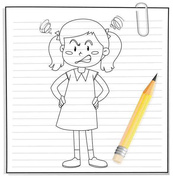 Hand Writing Girl Angry Face Outline Illustration — Stock Vector