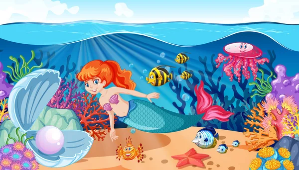 Meerjungfrau Und Meerestier Thema Cartoon Stil Auf Unter Dem Meer — Stockvektor