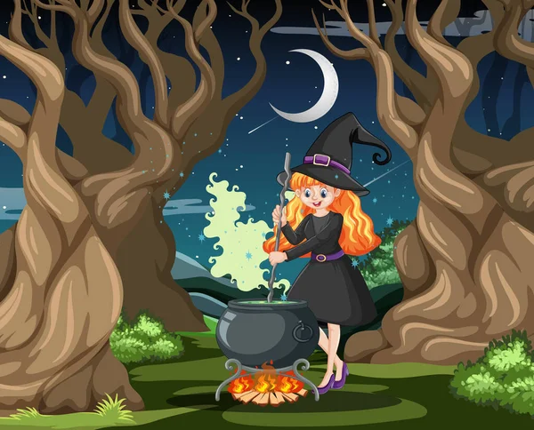 Heks Met Zwarte Magische Pot Cartoon Stijl Donkere Bos Achtergrond — Stockvector