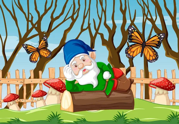 Gnome Ξαπλωμένη Ξύλο Στην Απεικόνιση Φόντο Κήπο — Διανυσματικό Αρχείο