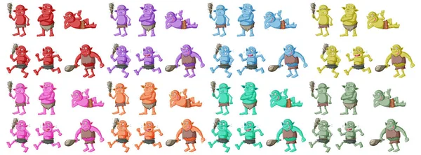 Çizgi Film Karakterlerinde Farklı Pozlardaki Renkli Goblin Troll Seti Izole — Stok Vektör