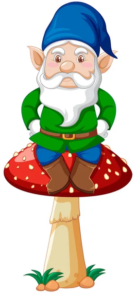 Gnome Sentado Cogumelo Personagem Desenho Animado Sobre Fundo Branco Ilustração —  Vetores de Stock