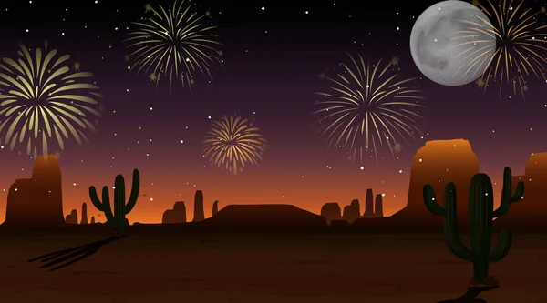 Festeggiamenti Fuochi Artificio Sul Cielo Deserto Scena Illustrazione — Vettoriale Stock