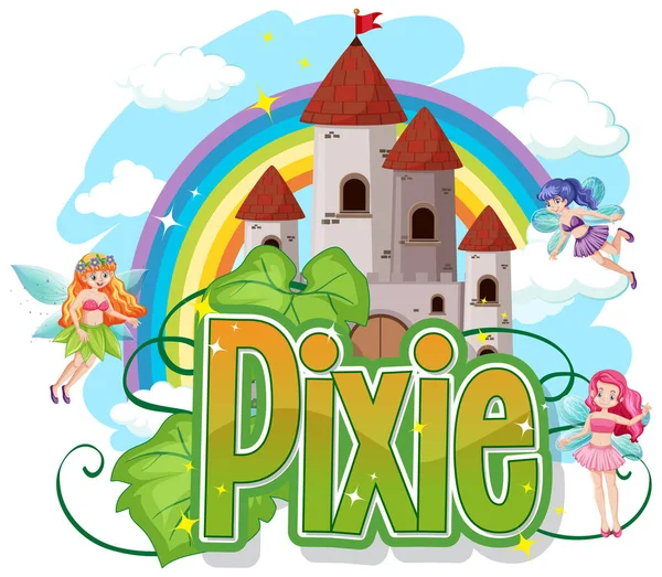 Pixie Logo Met Kleine Feeën Regenboog Hemel Achtergrond Illustratie — Stockvector