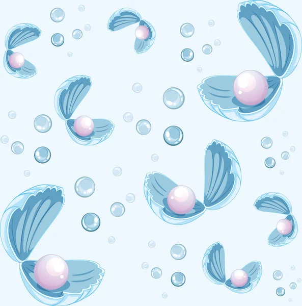Set Pearl Shell Cartoon Style Blue Background Illustration - Stok Vektor