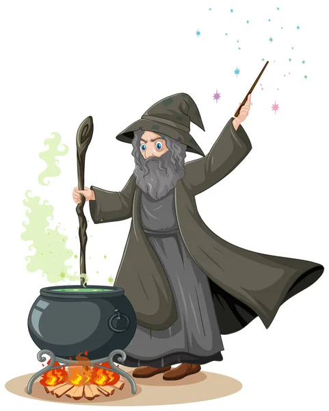 具有黑魔法壶和魔法魔杖卡通风格的老巫师被白色背景图解隔离 — 图库矢量图片