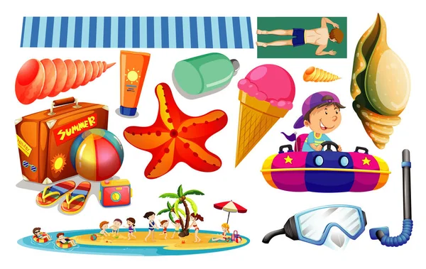 Set Von Sommer Strand Ikone Cartoon Stil Auf Weißem Hintergrund — Stockvektor