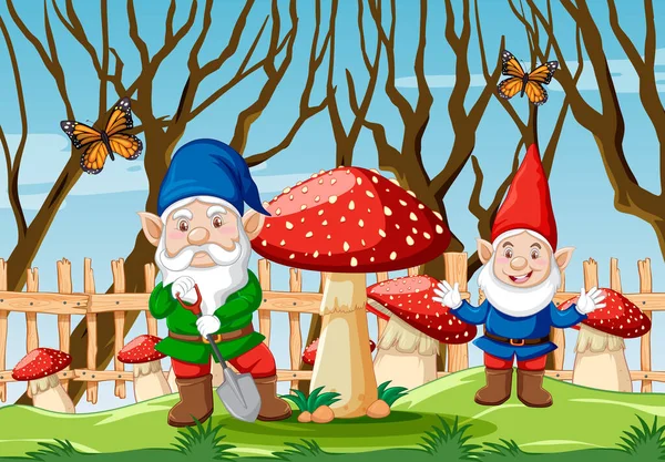 Gnome Com Cogumelo Borboleta Jardim Desenho Animado Cena Ilustração —  Vetores de Stock