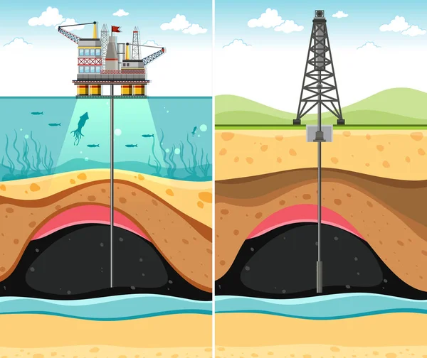 钻油井通过陆地和海洋到地下石油图解 — 图库矢量图片
