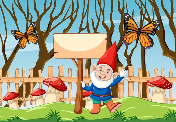 Gnome Κενό Πανό Και Πεταλούδα Στην Εικόνα Σκηνή Καρτούν Κήπο — Διανυσματικό Αρχείο