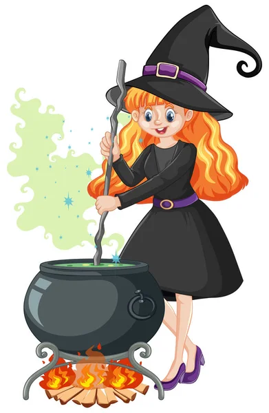 Young Beautiful Witch Black Magic Pot Cartoon Style Isolated White — Stock Vector