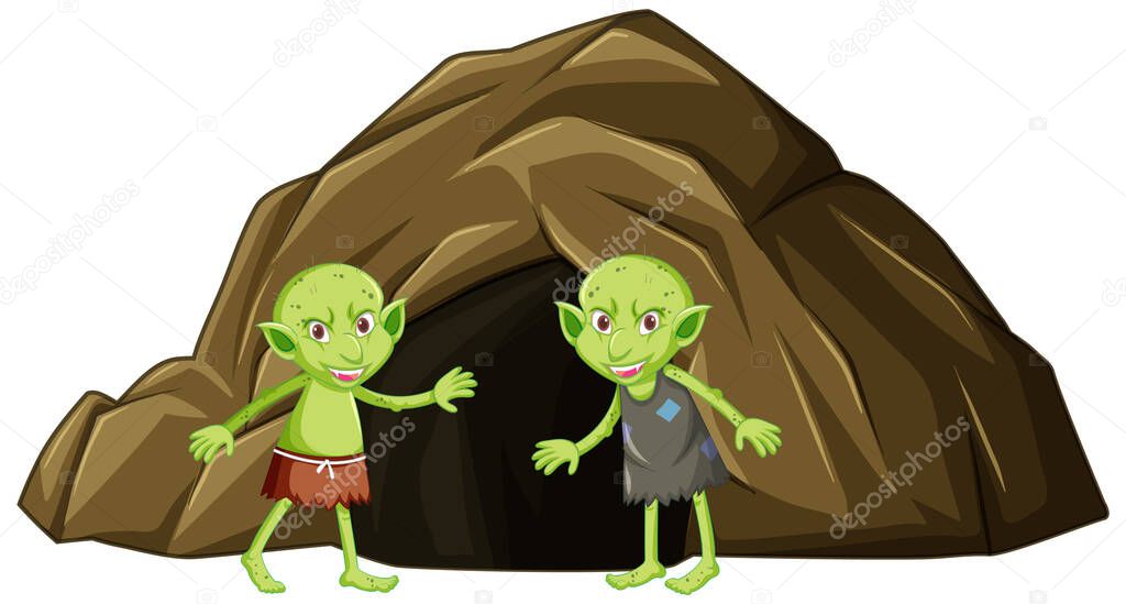 Goblins with cave in cartoon character on white background illustration