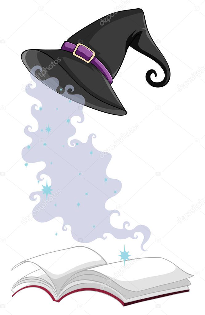 Black magic hat and magic book cartoon style isolated on white background illustration