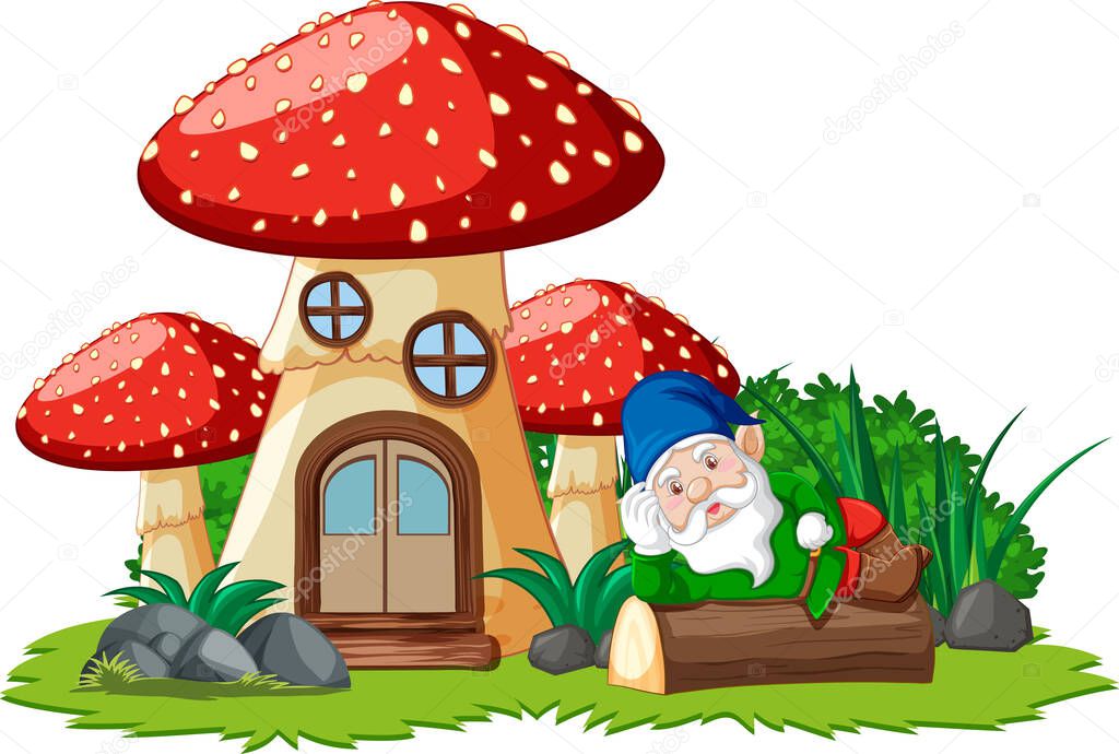 Gnome lying on stump beside mushroom house on white background illustration