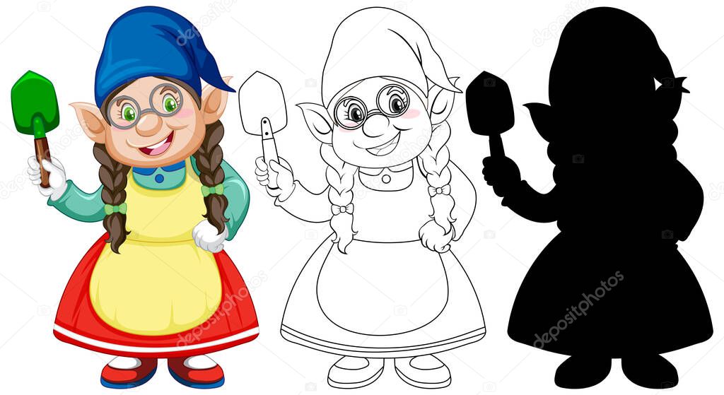 Gnome holding shovel in color and outline and silhouette in cartoon character on white background illustration