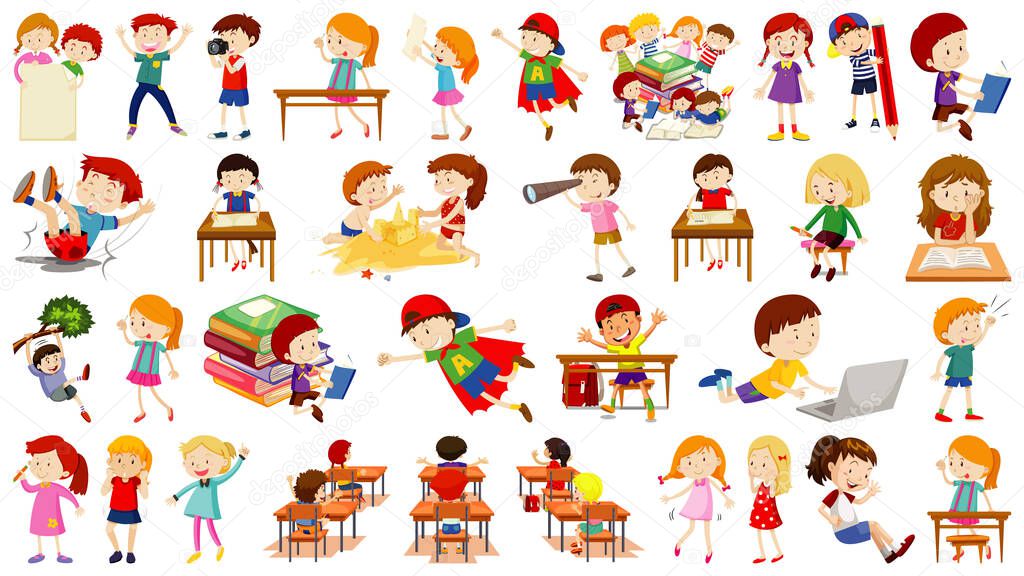 Set of cute kids cartoon character illustration