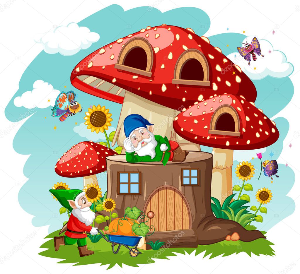 Gnomes and stump mushroom house and in the garden cartoon style on sky background illustration