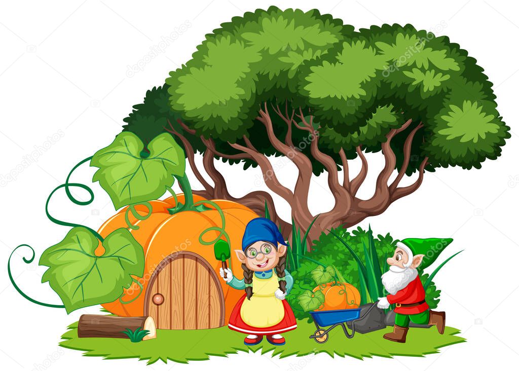 Gnomes and pumpkin house cartoon style on white background illustration
