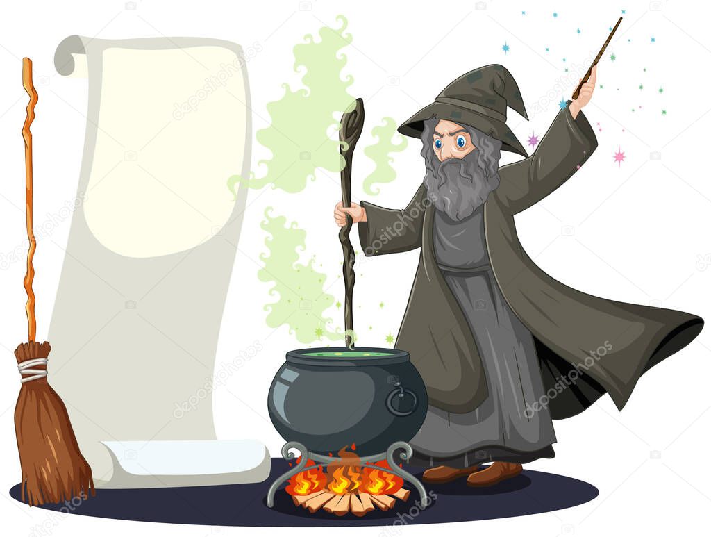 Old wizard with black magic pot and broomstick and blank banner paper cartoon style isolated on white background illustration
