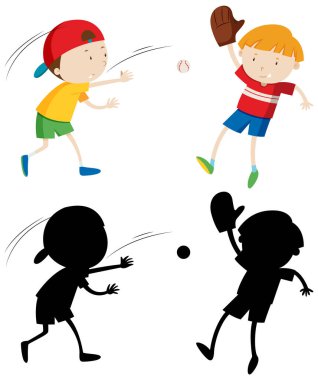 Renkli ve siluetli beysbol oynayan iki çocuk.