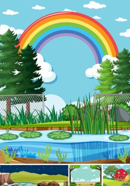 Doğada dört farklı sahne çizgi film stili çizimi