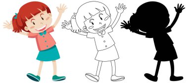 Renkli, çizgili ve siluetli şirin kıyafetler giyen mutlu kız.