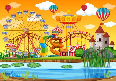 Gündüz vakti bataklık manzaralı bir lunapark. Gökyüzünde balonlar var.