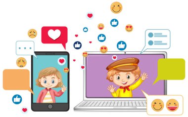 Beyaz arkaplan illüstrasyonunda izole edilmiş emoji simgesi çizgi film tarzına sahip dizüstü bilgisayar ve akıllı telefon