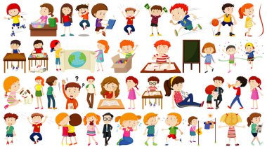 Bir grup sevimli çocuk çizgi film karakteri çizimi